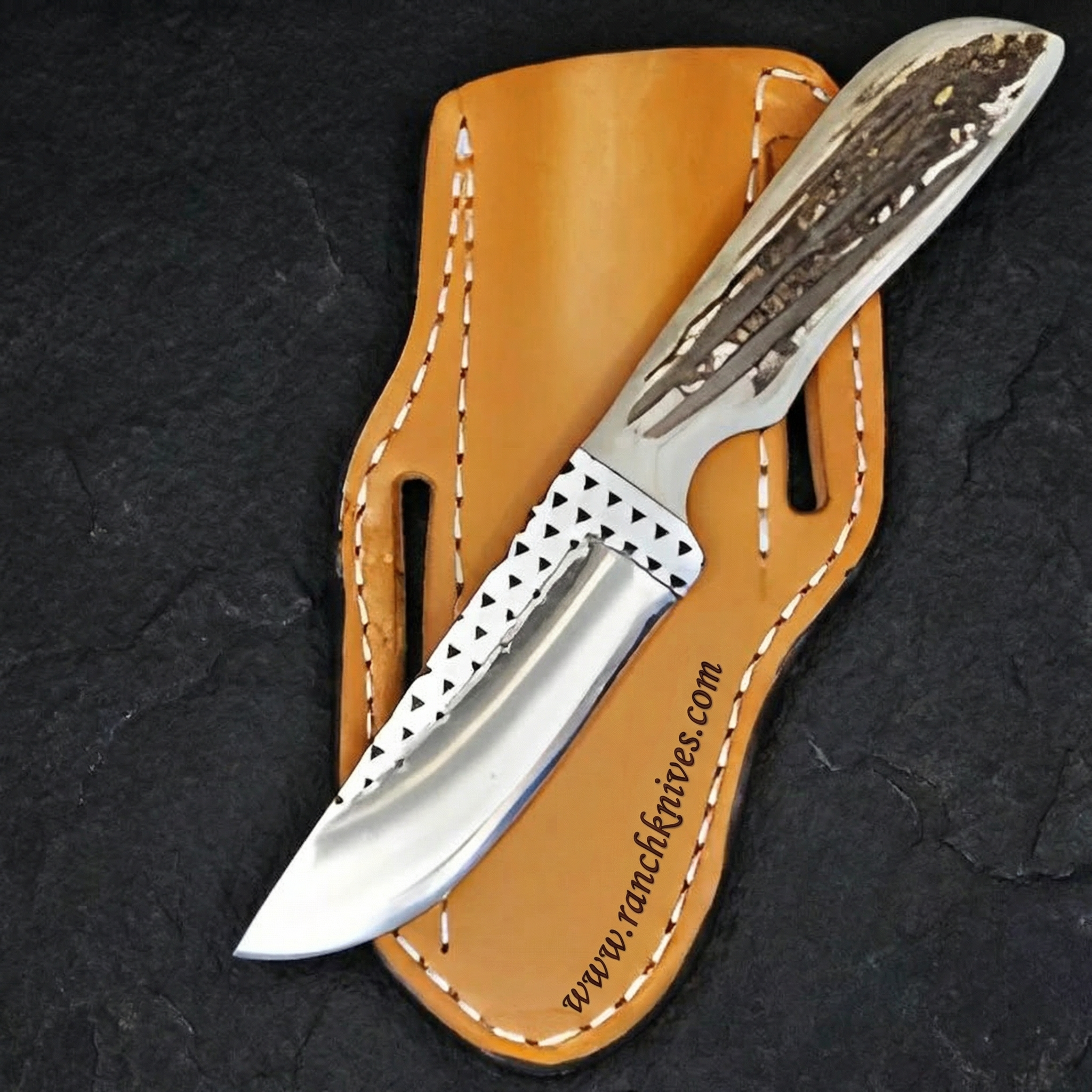 Diamondback Rasp Knife - Elk Antler Handle - 3 3/4" Blade - Horizontal Carry Leather Sheath - Ranch Knives- Cowboy knives