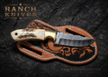 Handmade Damascus Steel Cowboy Knife – Antler Horn Handle Fixed Blade Hunting & Ranch Knife with Leather Sheath