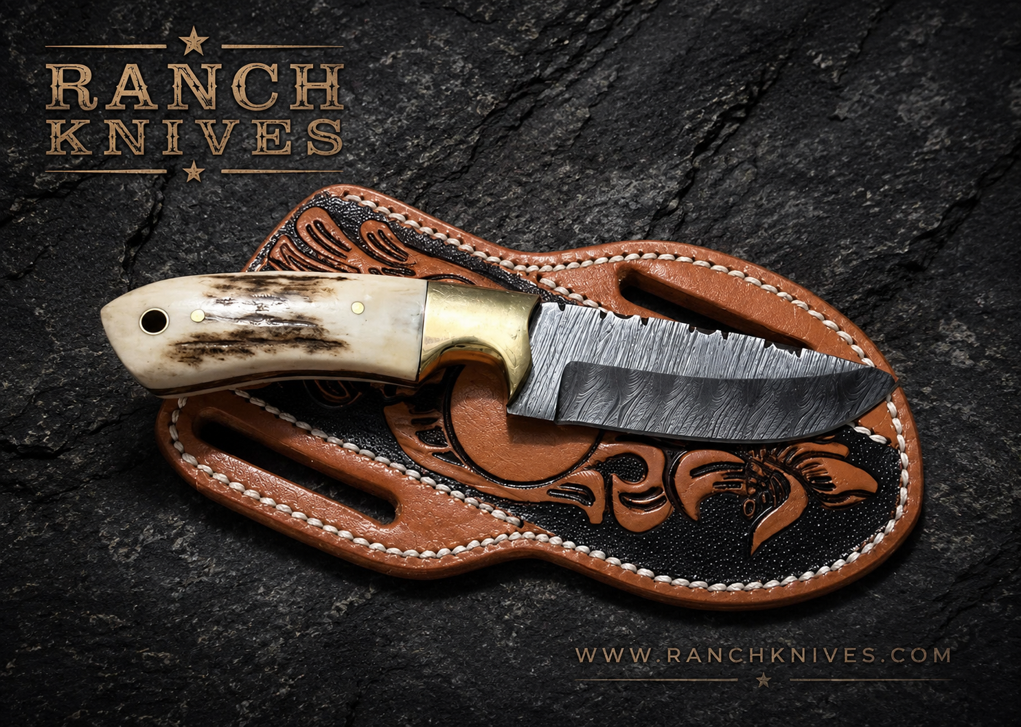 Handmade Damascus Steel Cowboy Knife – Antler Horn Handle Fixed Blade Hunting & Ranch Knife with Leather Sheath