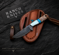 Handmade Damascus Steel Western Cowboy Knife – Bone & Wood Handle Fixed Blade Hunting Knife with Leather Sheath