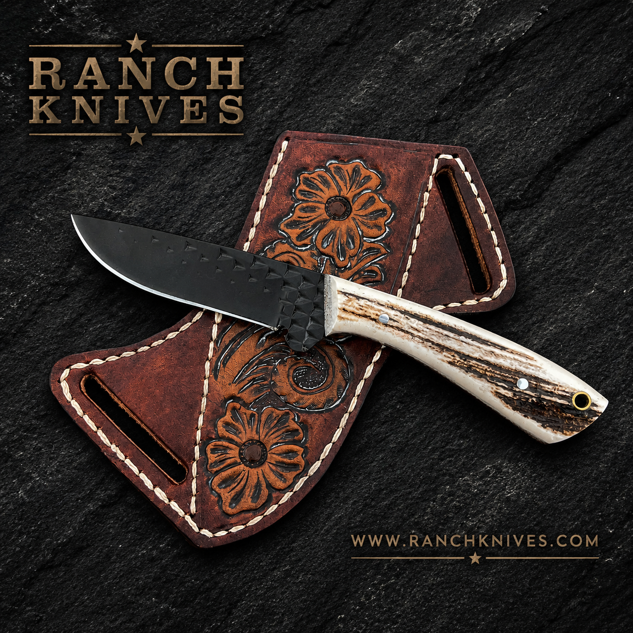 Handmade Cowboy Knife with Stag Handle – 8" Fixed Blade Hunting Knife with Leather Sheath