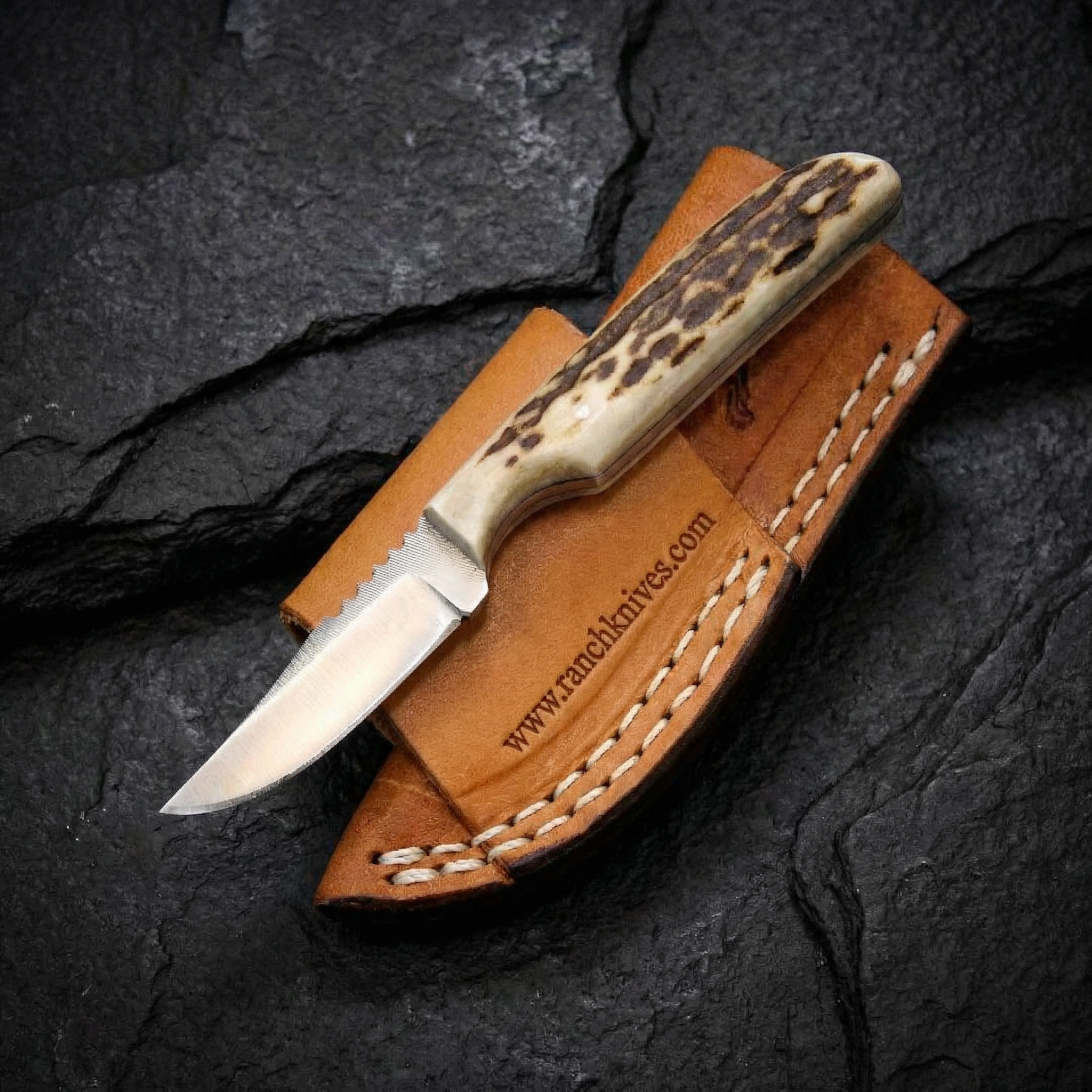 Mini Elk Handle Belt Knife - Hand-Forged File Steel - Horizontal Cross-Draw Sheath - Ranch Knives - Cowboy Knives