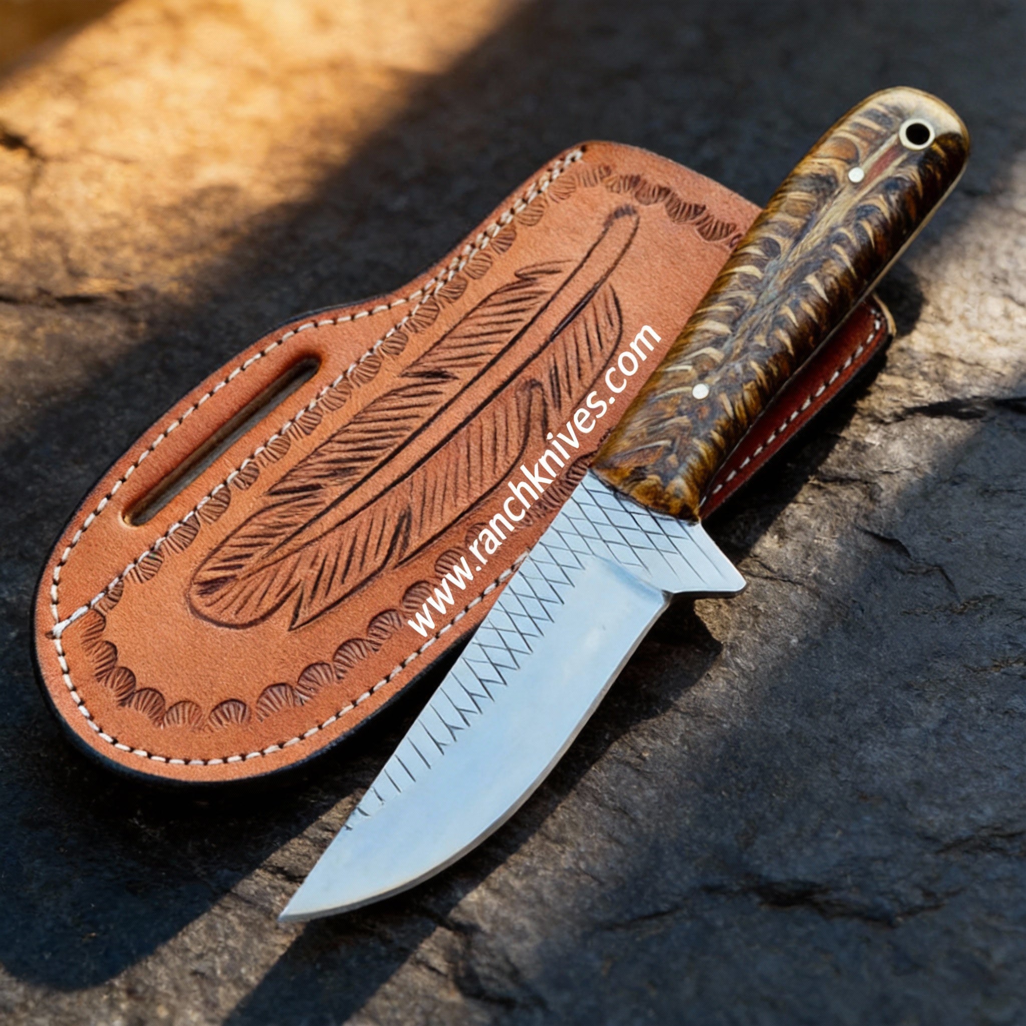 Hand-Forged 7.5" High Carbon Rasp File Steel Cowboy Knife – Pine Cone Resin Handle & Leather Sheath- Ranch Knives- Tool Knife