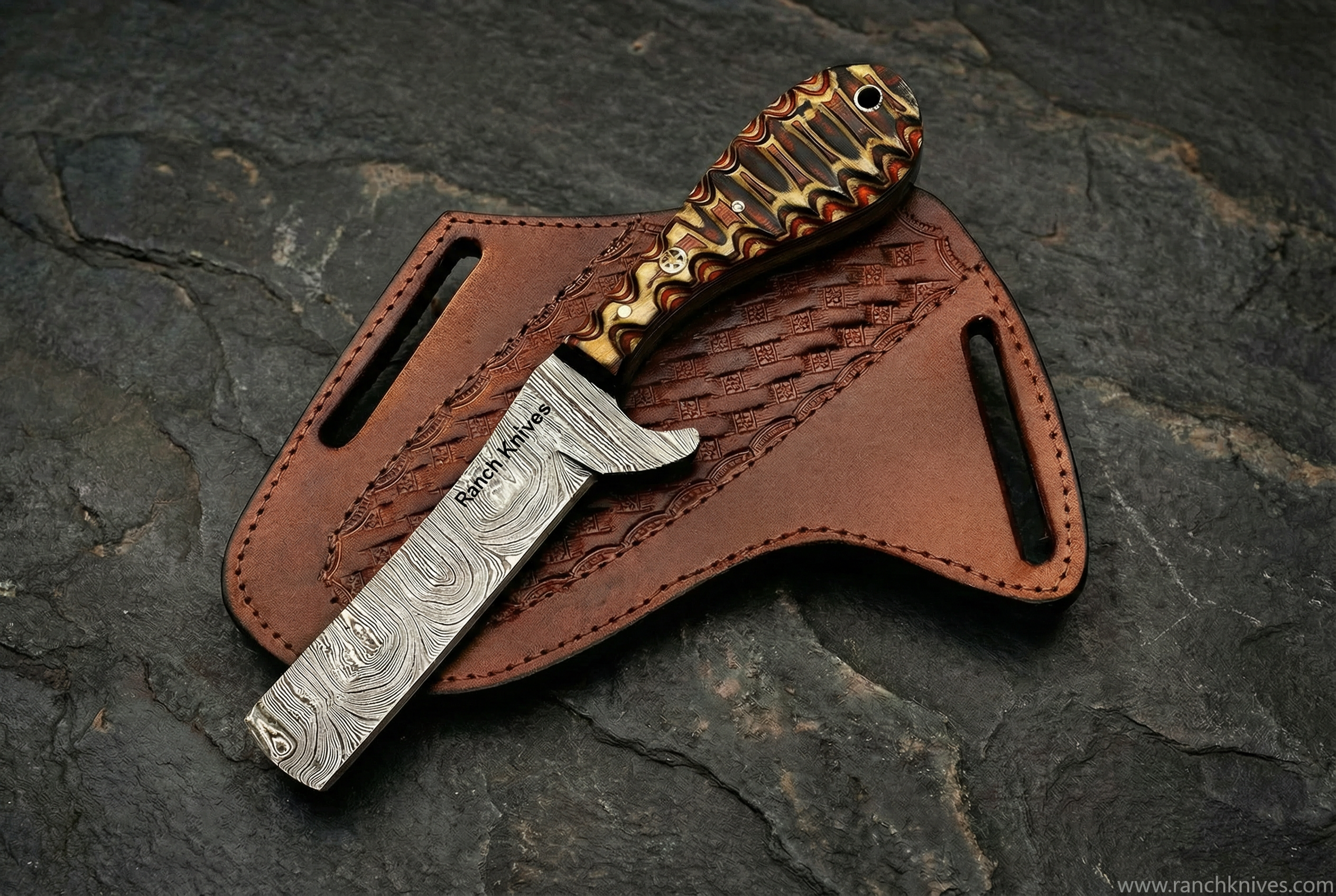 Hand-Forged 7.5" Damascus Steel Cowboy Knife | Pakkawood Handle & Leather Sheath - Ranch Knives- Damascus knife- Everyday carry knife