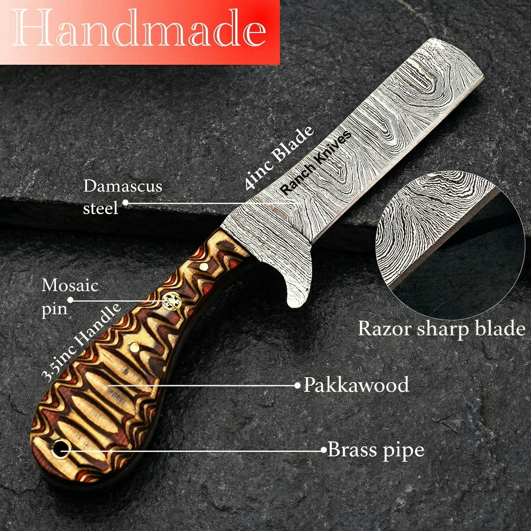 Hand-Forged 7.5" Damascus Steel Cowboy Knife | Pakkawood Handle & Leather Sheath - Ranch Knives- Damascus knife- Everyday carry knife