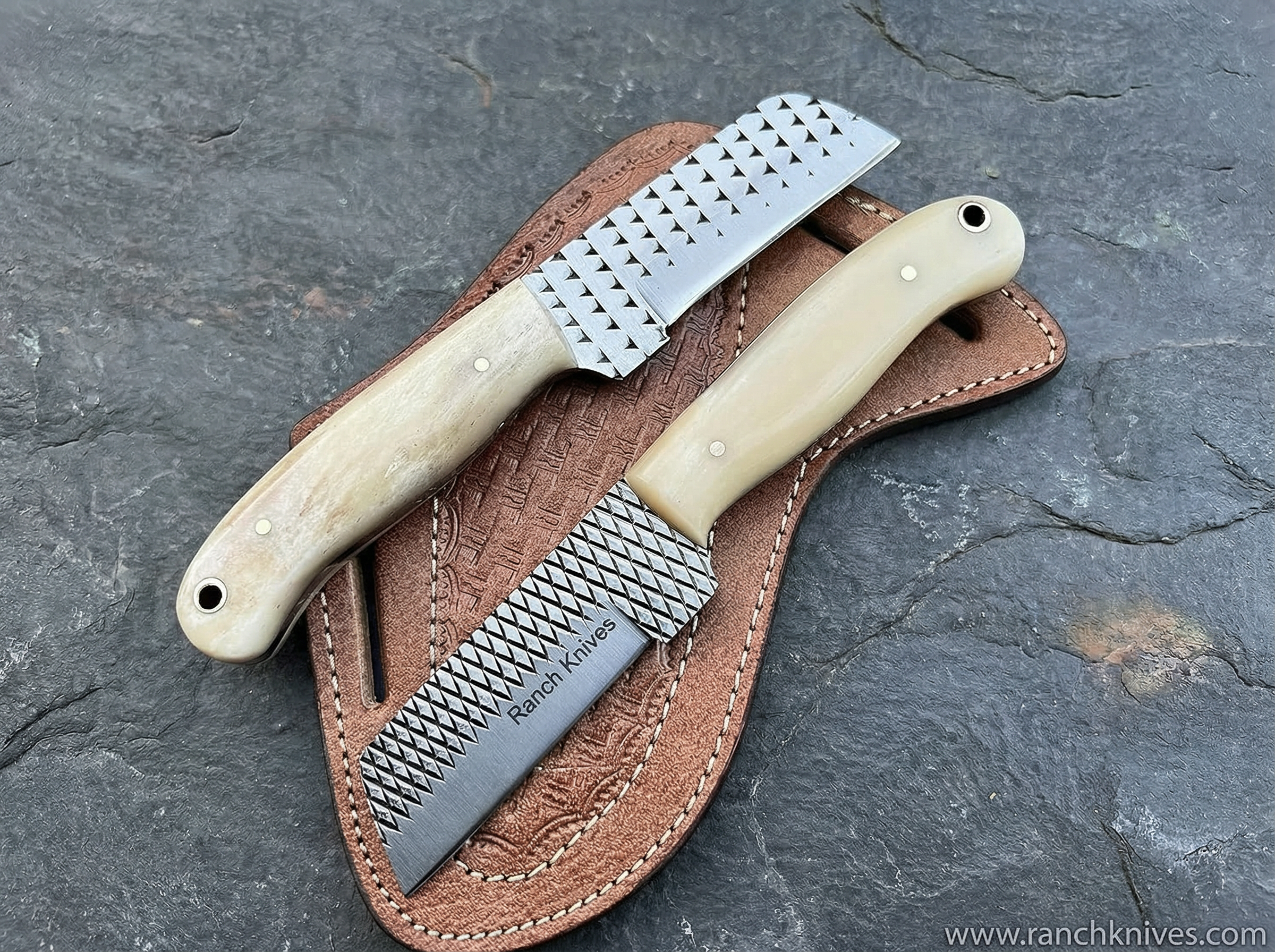 Hand-Forged 7" Cowboy Knife | 3" blade High Carbon Rasp File Steel Blade | Camel Bone Handle & Leather Sheath - Ranch Knives- Cowboy knives- Bull Cutter