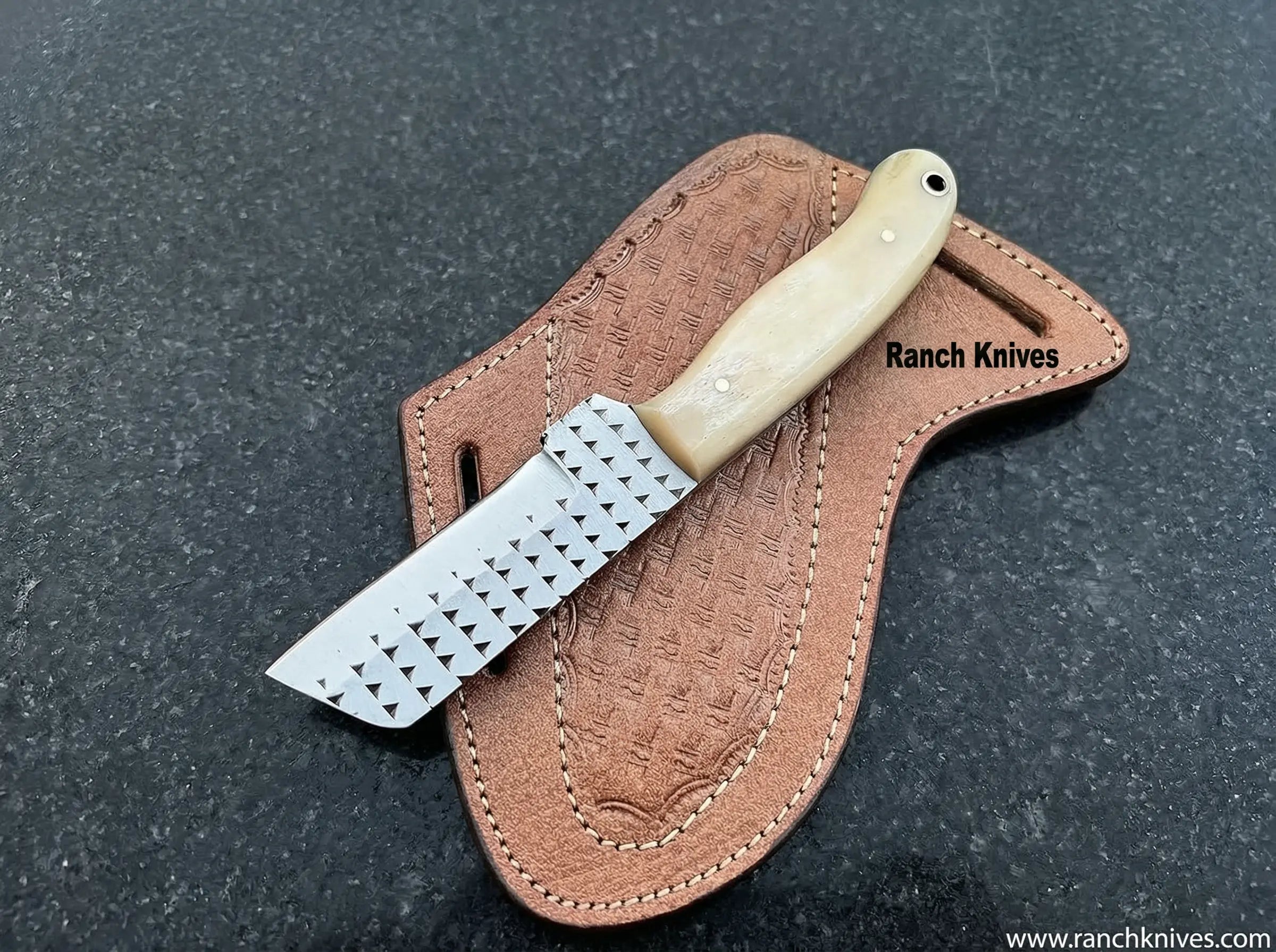 Hand-Forged 7" Cowboy Knife | 3" blade High Carbon Rasp File Steel Blade | Camel Bone Handle & Leather Sheath - Ranch Knives- Cowboy knives- Bull Cutter