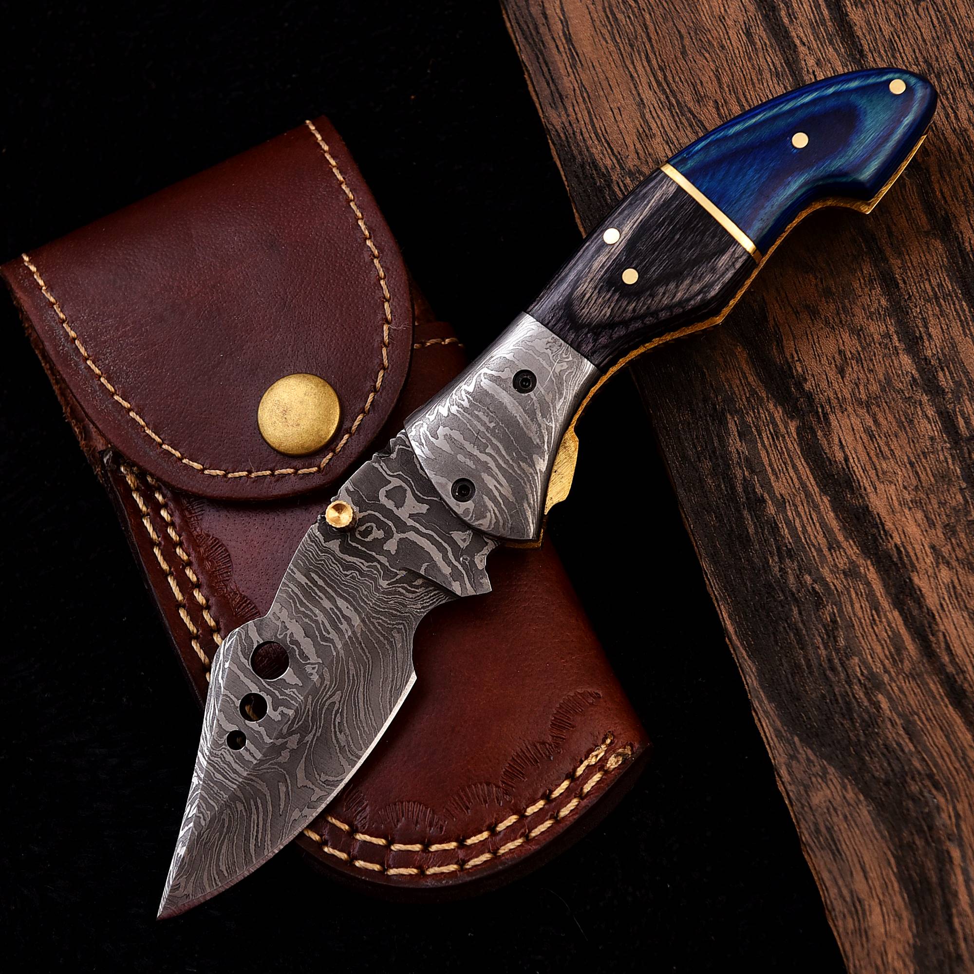 Handmade Damascus Steel folding knife with sheath