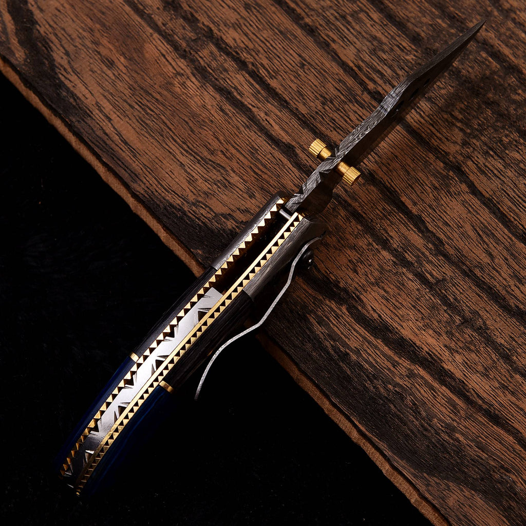 Handmade Damascus Steel folding knife with sheath
