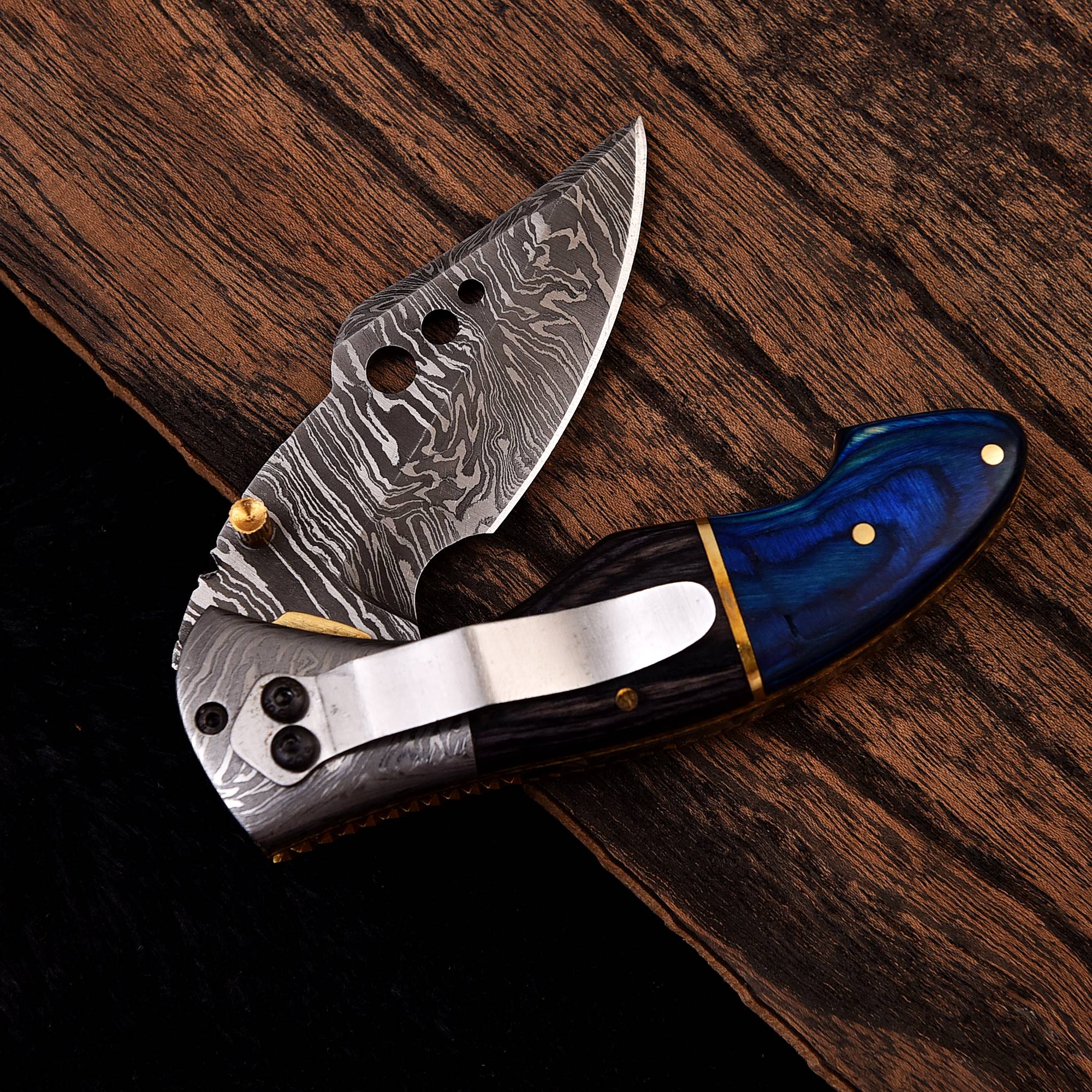 Handmade Damascus Steel folding knife with sheath