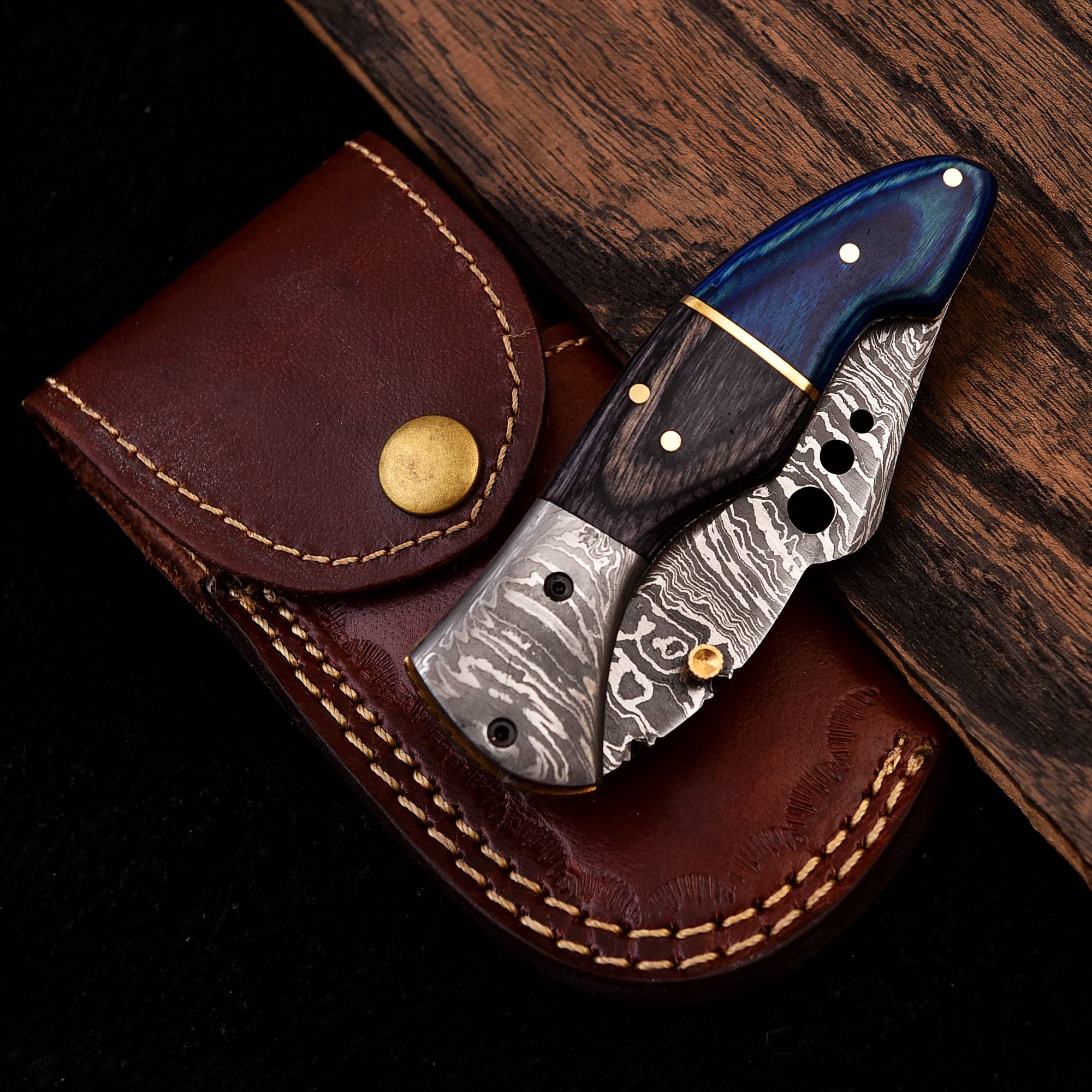 Handmade Damascus Steel folding knife with sheath