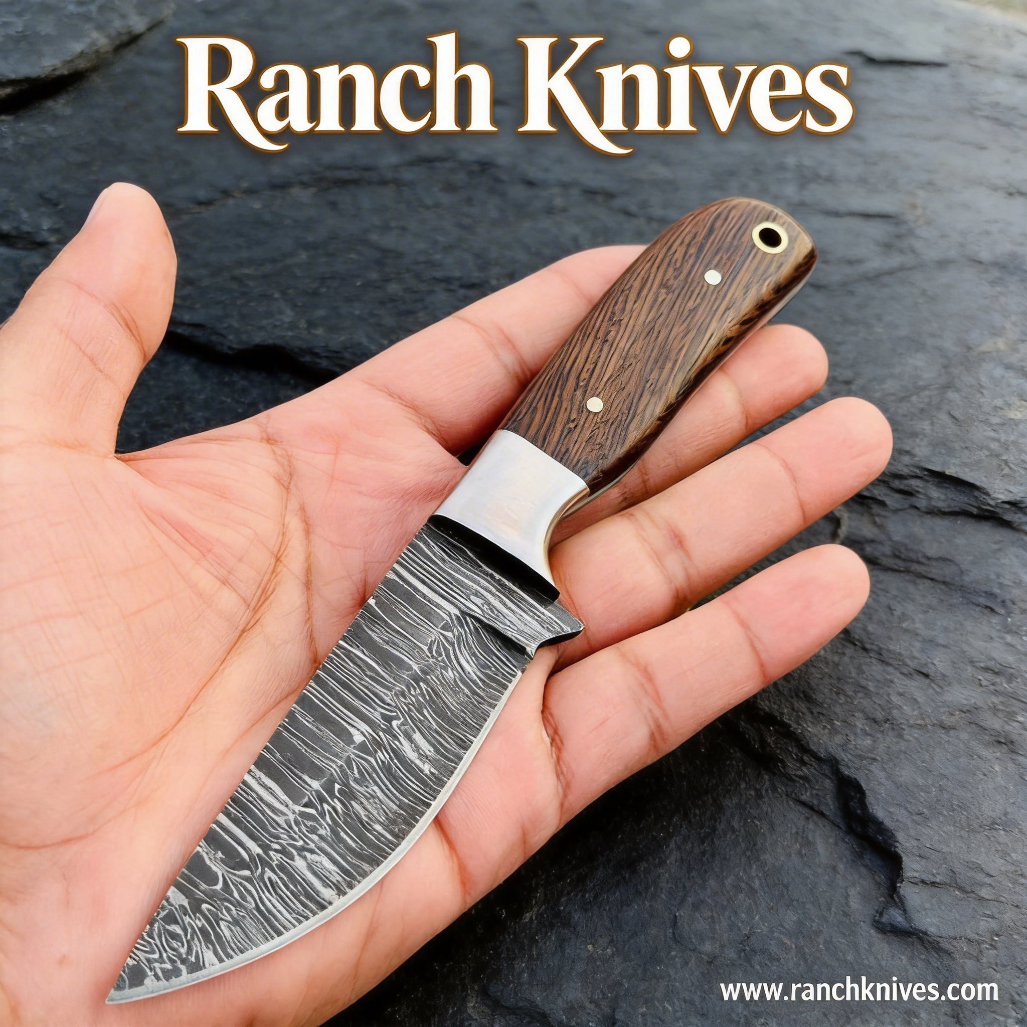 Custom Fire Damascus Steel Western Knife - 7.5" Wenge Wood Handle - Ranch Knives- Everyday Carry knife- Hunting knife- Skinner Knife- Cowboy Knife