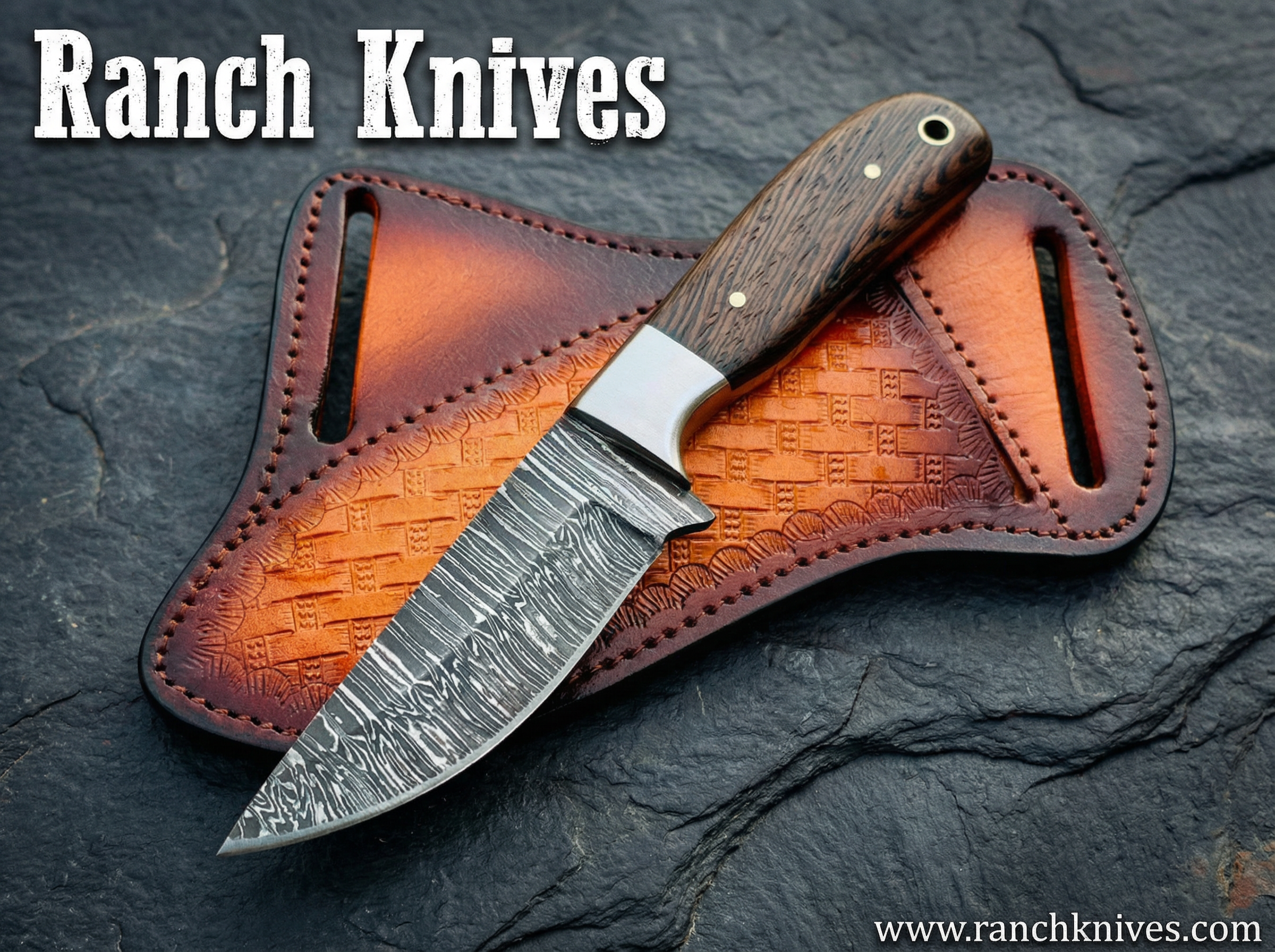 Custom Fire Damascus Steel Western Knife - 7.5" Wenge Wood Handle - Ranch Knives- Everyday Carry knife- Hunting knife- Skinner Knife- Cowboy Knife
