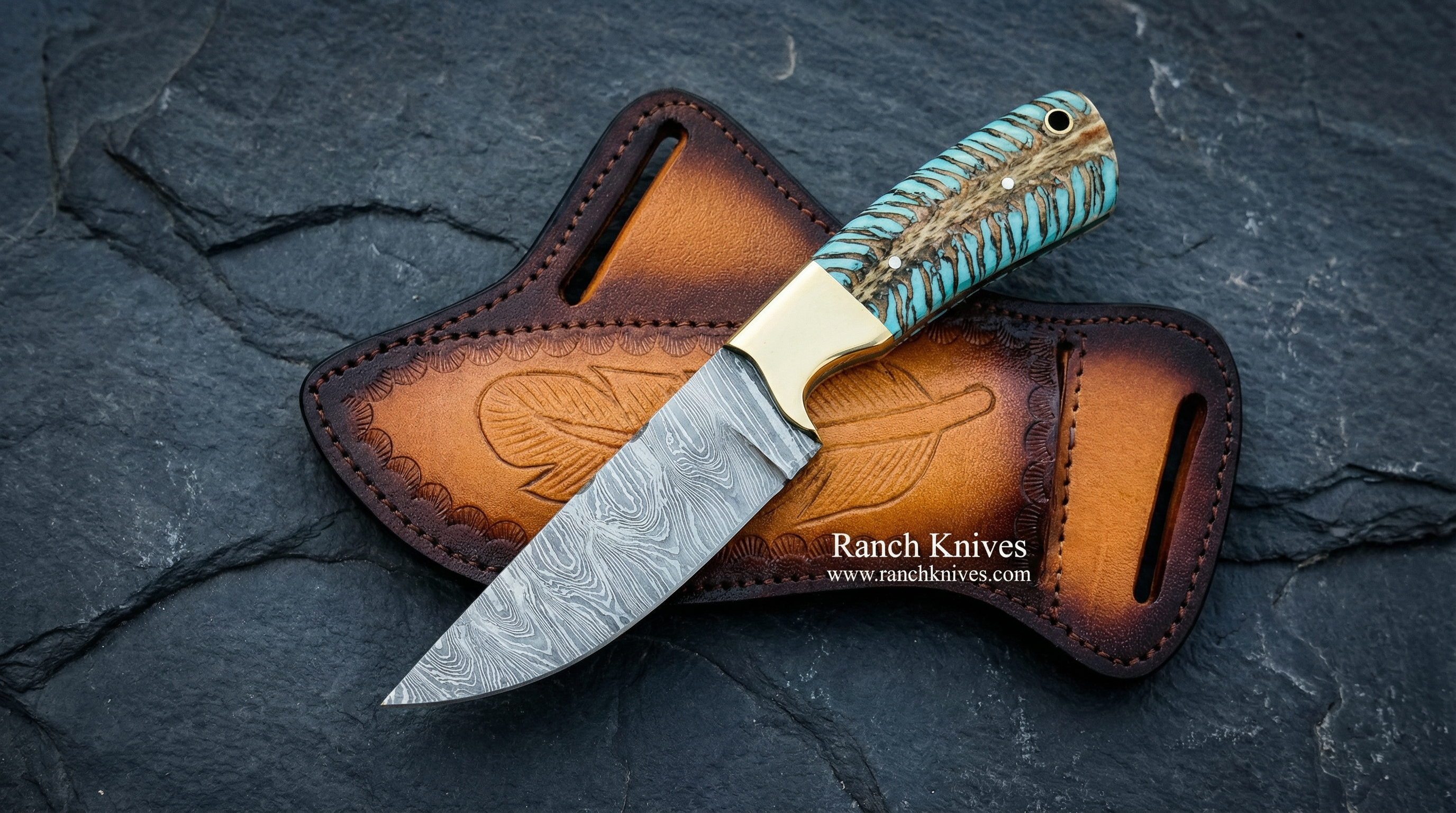 Handmade Damascus Steel Rodeo Knife - 8.25" Turquoise Pine Cone Handle - Ranch Knives- Fixed Blade knife- Hunting knife- Edc Knife