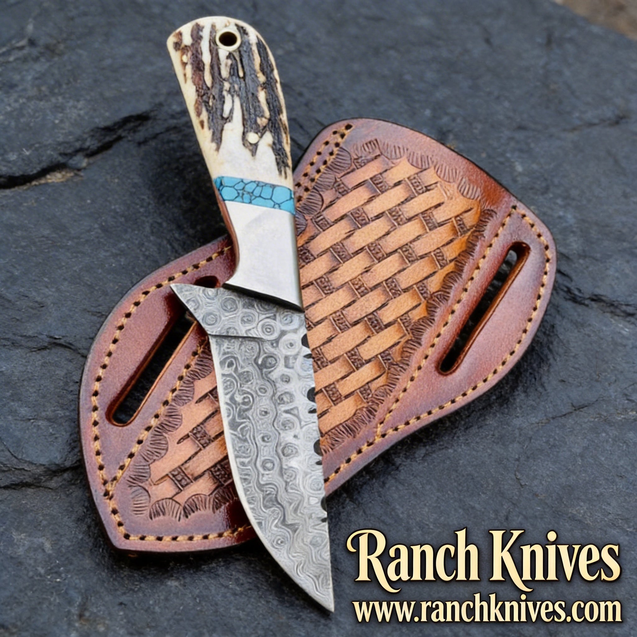7" Custom Damascus Cowboy Knife - Raindrop Pattern Blade with Antler & Turquoise Handle- Ranch Knives- Skinner Knives- Hunting knives