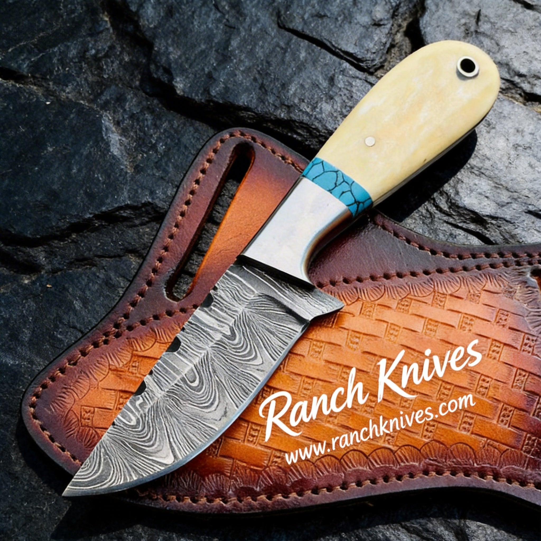 Handmade Damascus Steel Western Knife - 7.25" Bone & Turquoise Handle - Ranch Knives - Cowboy Knives - Hunting knives- Edc Knives