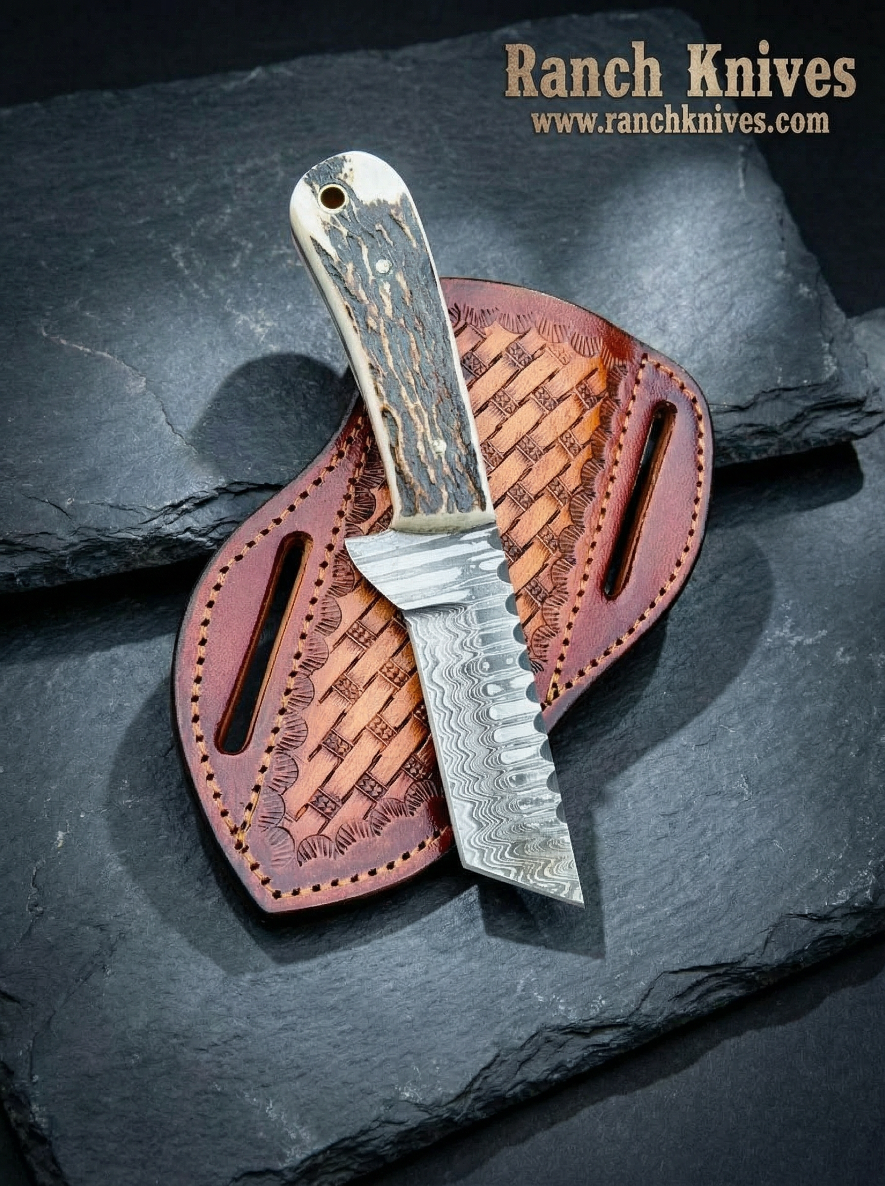 6.75" Custom Damascus Steel Tanto Knife - Genuine Antler Horn Handle with Leather Sheath - Ranch Knives - Damascus Knife- Skinner knife