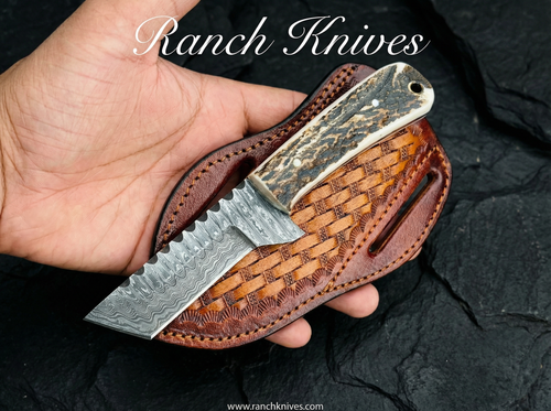6.75" Custom Damascus Steel Tanto Knife - Genuine Antler Horn Handle with Leather Sheath - Ranch Knives - Damascus Knife- Skinner knife