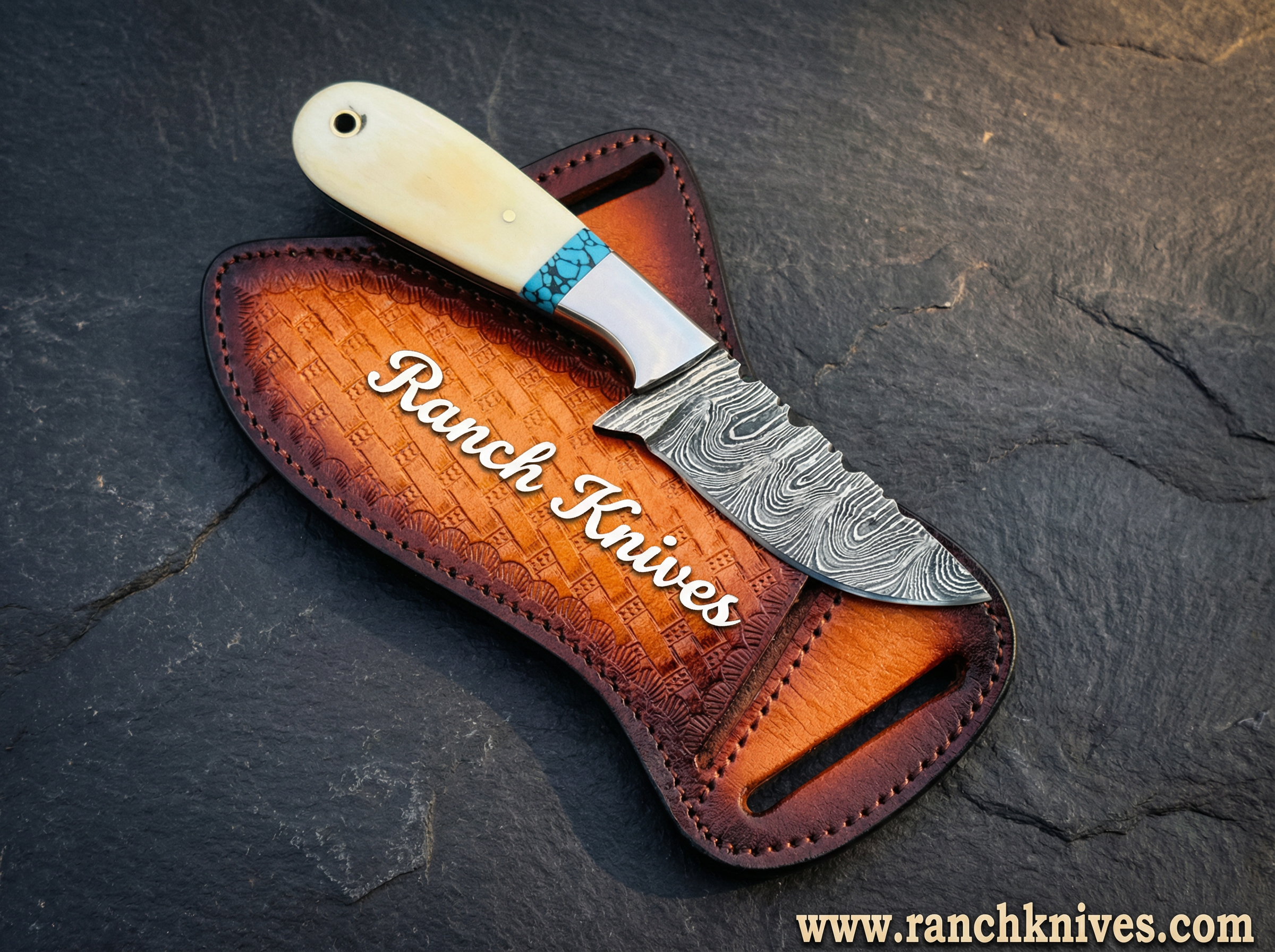 Handmade Damascus Steel Western Knife - 7.25" Bone & Turquoise Handle - Ranch Knives - Cowboy Knives - Hunting knives- Edc Knives